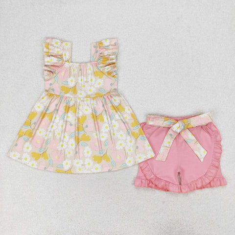 GSSO1254 baby girl clothes yellow floral toddler girl summer outfit