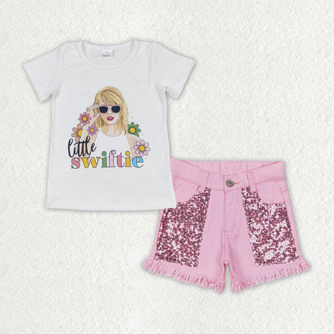 GSSO1445 baby girl clothes 1989 singer girl pink sequins shorts jeans outfits 2