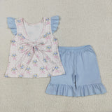 GSSO1577 baby girl clothes blue floral toddler girl summer outfits