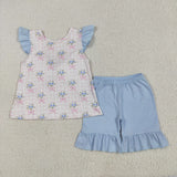 GSSO1577 baby girl clothes blue floral toddler girl summer outfits