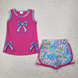 GSSO2149  toddler girl clothes embroidery bows print girl summer set