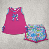 GSSO2149  toddler girl clothes embroidery bows print girl summer set