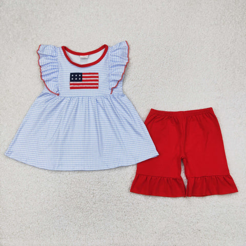 GSSO2238  toddler girl clothes embroidery flag girl 4th of July Patriotic summer set
