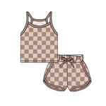 GSSO2335 pre-order baby girl clothes brown gingham toddler girl summer outfit-2025.3.23