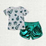 RTS girl clothes girl summer set  colorful cheer girl summer leather shorts set 2