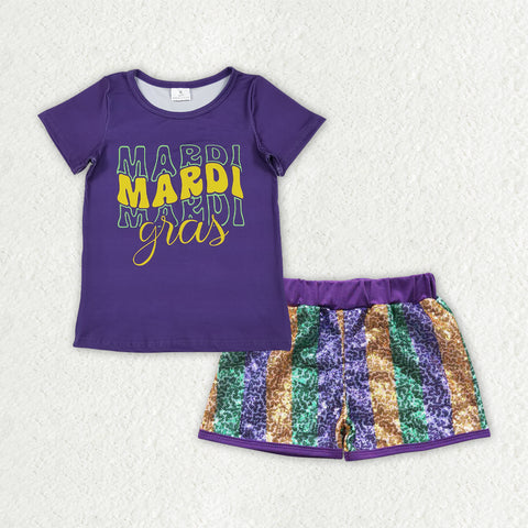 GSSO2713 baby girl clothes  mardi gras girl sequin shorts set