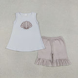 RTS kids matching clothing embroidery shell print clothing baby summer clothing-2025.12.24