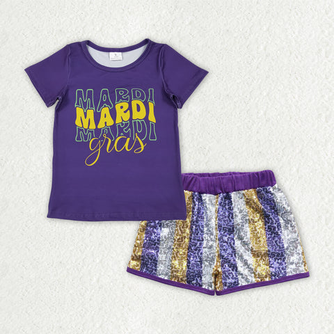 GSSO2805 baby girl clothes  mardi gras girl sequin shorts set