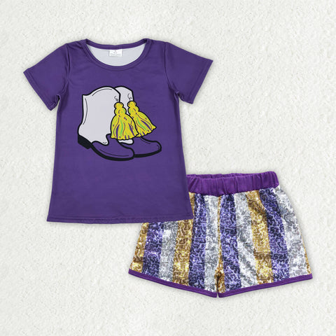 GSSO2806 baby girl clothes  mardi gras girl sequin shorts set