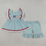 GSSO2926 kids clothes embroidery flag print girl 4th of July patriotic summer outfit  clothing set