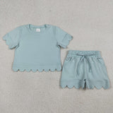 RTS Matching  toddler clothes solid color scallop  print set girls summer clothing-2026.4.2