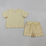 RTS Matching  toddler clothes solid color scallop  print set girls summer clothing-2026.4.2