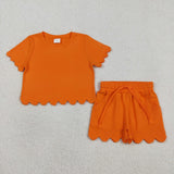 RTS Matching  toddler clothes solid color scallop  print set girls summer clothing-2026.4.2