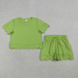 RTS Matching  toddler clothes solid color scallop  print set girls summer clothing-2026.4.2