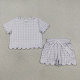 RTS Matching  toddler clothes solid color gingham scallop  print set girls summer clothing-2026.4.2
