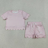 RTS Matching  toddler clothes solid color gingham scallop  print set girls summer clothing-2026.4.2