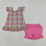 GSSO3353   kids clothes flower print girl summer outfit  clothing set