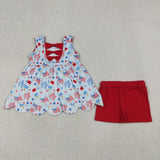 GSSO3386   kids clothes flag print girl 4th of July summer outfit  clothing set