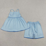 GSSO3418   kids clothes blue gingham print girl summer outfit  clothing set