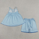 GSSO3418   kids clothes blue gingham print girl summer outfit  clothing set