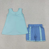 GSSO3463   kids clothes blue print girl summer outfit  clothing set