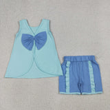 GSSO3463   kids clothes blue print girl summer outfit  clothing set