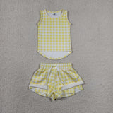 GSSO3475  baby girl clothes yellow gingham print toddler girl yoga summer outfit