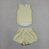 GSSO3475  baby girl clothes yellow gingham print toddler girl yoga summer outfit
