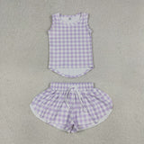 GSSO3477  baby girl clothes purple gingham print toddler girl yoga summer outfit