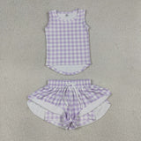 GSSO3477  baby girl clothes purple gingham print toddler girl yoga summer outfit