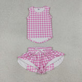 GSSO3478  baby girl clothes pink gingham print toddler girl yoga summer outfit
