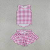 GSSO3478  baby girl clothes pink gingham print toddler girl yoga summer outfit