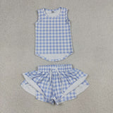 GSSO3479 kids clothes blue gingham print girl summer outfit  clothing set