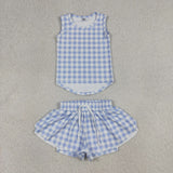 GSSO3479 kids clothes blue gingham print girl summer outfit  clothing set