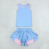GSSO3527  baby girl clothes blue print toddler girl yoga summer outfit