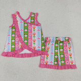 GSSO3676  kids clothes flower print girl summer outfit  clothing set