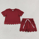 RTS Matching  toddler clothes solid color scallop  print set girls summer clothing-2026.7.30