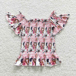 Howdy western girls pink floral off shoulder shirring top