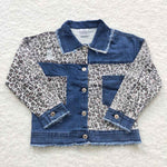 Kids girl denim leopard pocket ripped jacket