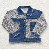 Kids girl denim leopard pocket ripped jacket