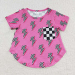 Girl pink checkered pocket t shirt