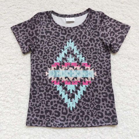 Girl leopard gray aztec short sleeve t shirt