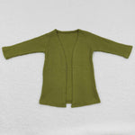 Girl waffle fabric green long sleeve cardigan top