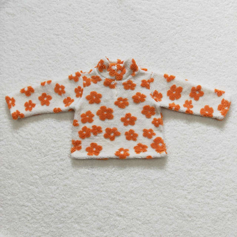 Girl orange flowers zipper long sleeve sherpa top