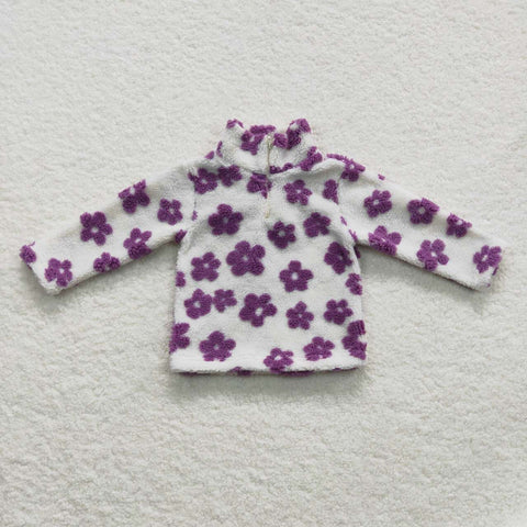 Purple flowers baby girl sherpa zipper winter top