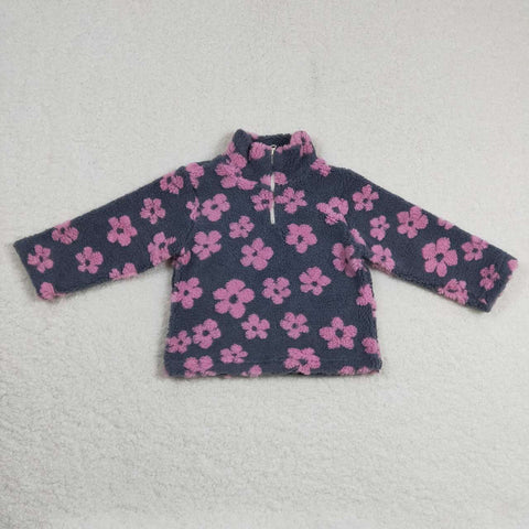 Pink flowers baby girl sherpa fleece zipper winter gray top
