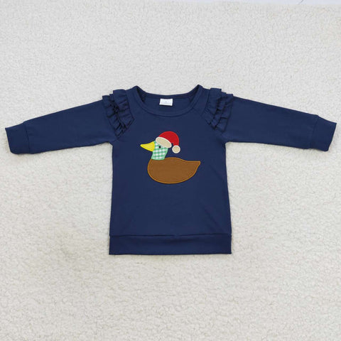 Toddler girl christmas ruffle long sleeve duck applique navy t shirt