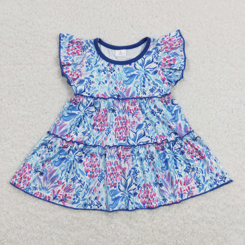 GT0474 baby girl clothes blue flower girl summer top ruffles tunic shirt