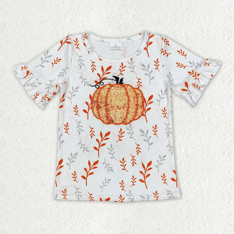 GT0824  toddler girl clothes embroidery pumpkin girl summer top shirt