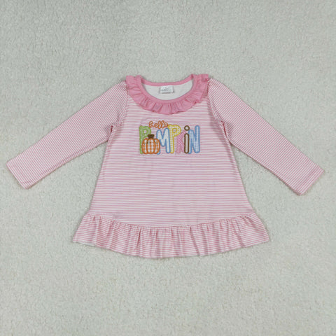 GT1183 baby girls PUMPKIN pink stripe long sleeve top embroidery